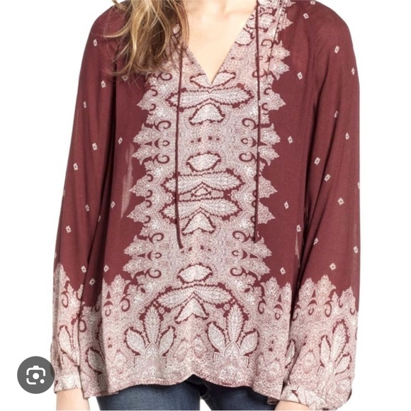 Lucky Brand Burgundy & White Peasant Top Split Neck Blouse L/S Lightweight  M - Picture 4 of 16